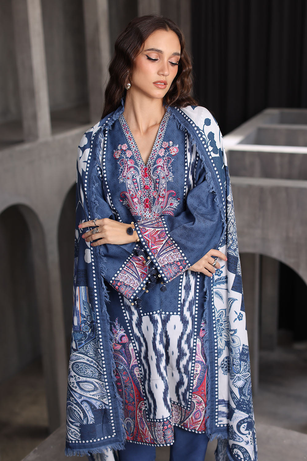 3 Piece Embroidered Printed Karandi Suit with Printed Karandi Dupatta