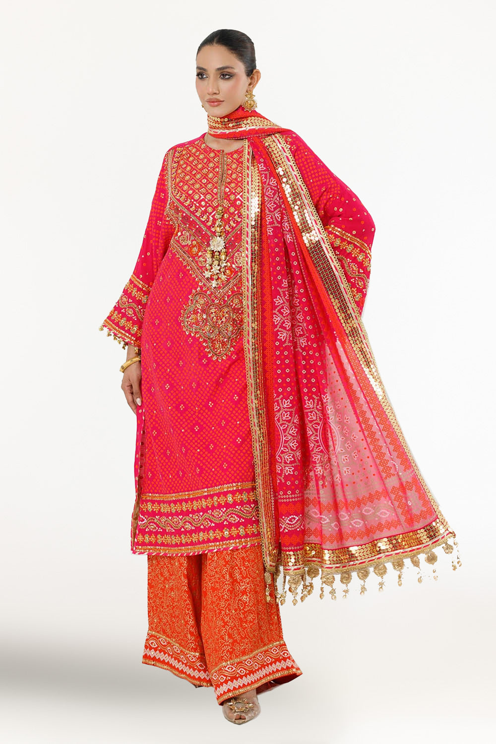 3 Piece Unstitched Gold Lacquer Embroidered Raw Silk Suit with Embroidered Chiffon Dupatta