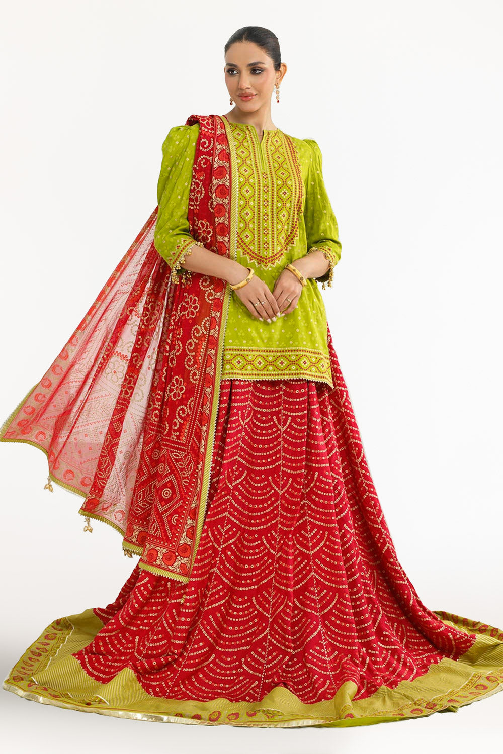 3 Piece Unstitched Gold Lacquer Printed Embroidered Raw Silk Suit with Gold Lacquer Printed Chiffon Dupatta