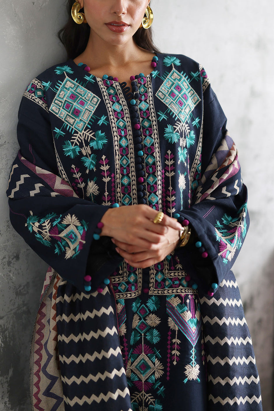 3 Piece Embroidered Khaddar Suit with Pashmina Jacquard Dupatta