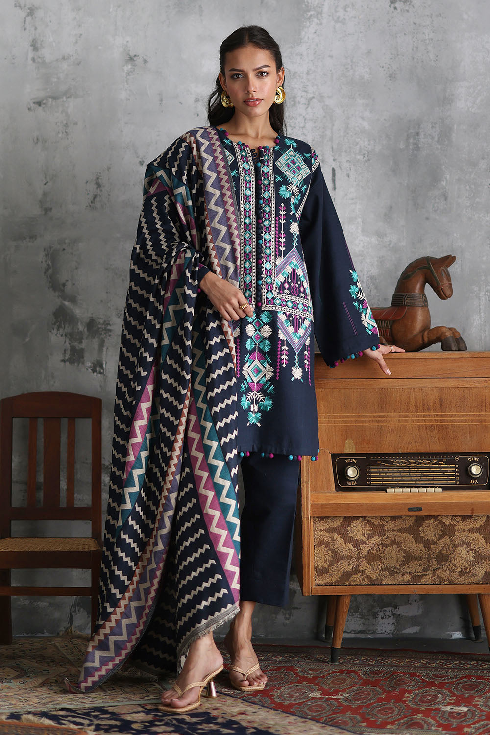 3 Piece Embroidered Khaddar Suit with Pashmina Jacquard Dupatta