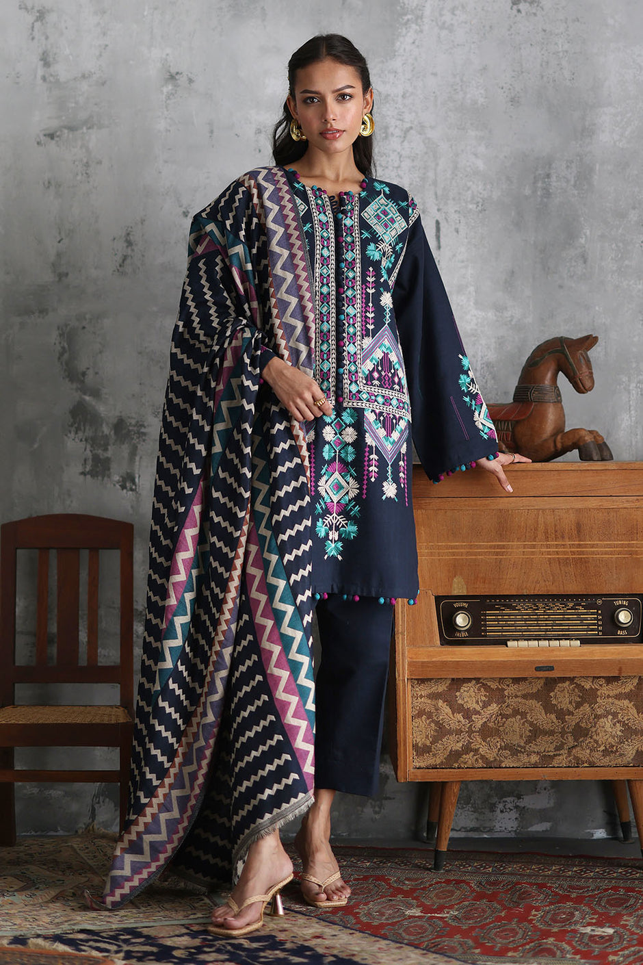 3 Piece Embroidered Khaddar Suit with Pashmina Jacquard Dupatta