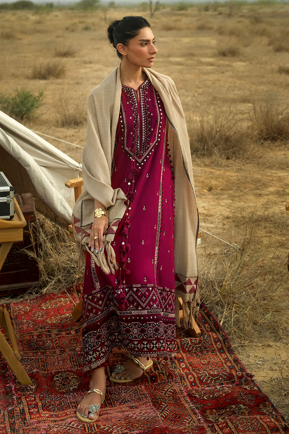 3 Piece Embroidered Pashmina Suit with Pashmina Jacquard Dupatta