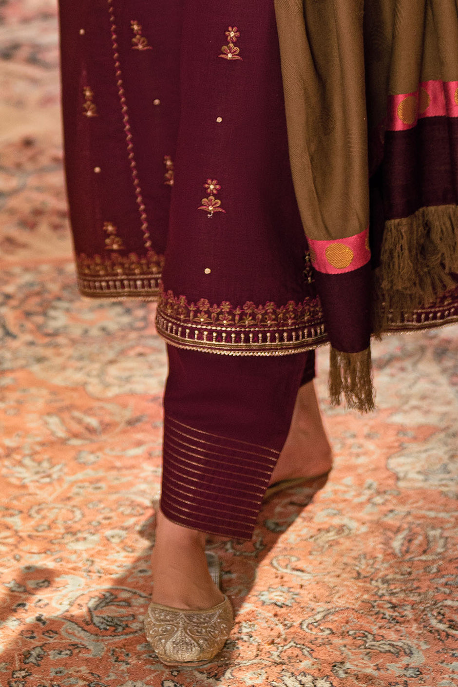 3 Piece Pashmina Suit with Embroidered Khaddar Shirt and Dyed Trouser with Organza Border