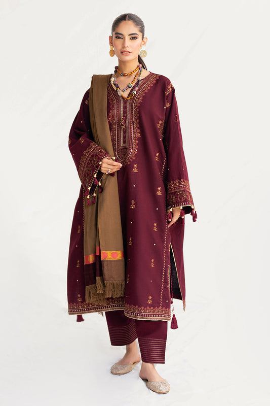 3 Piece Pashmina Suit with Embroidered Khaddar Shirt and Dyed Trouser with Organza Border AP-52022