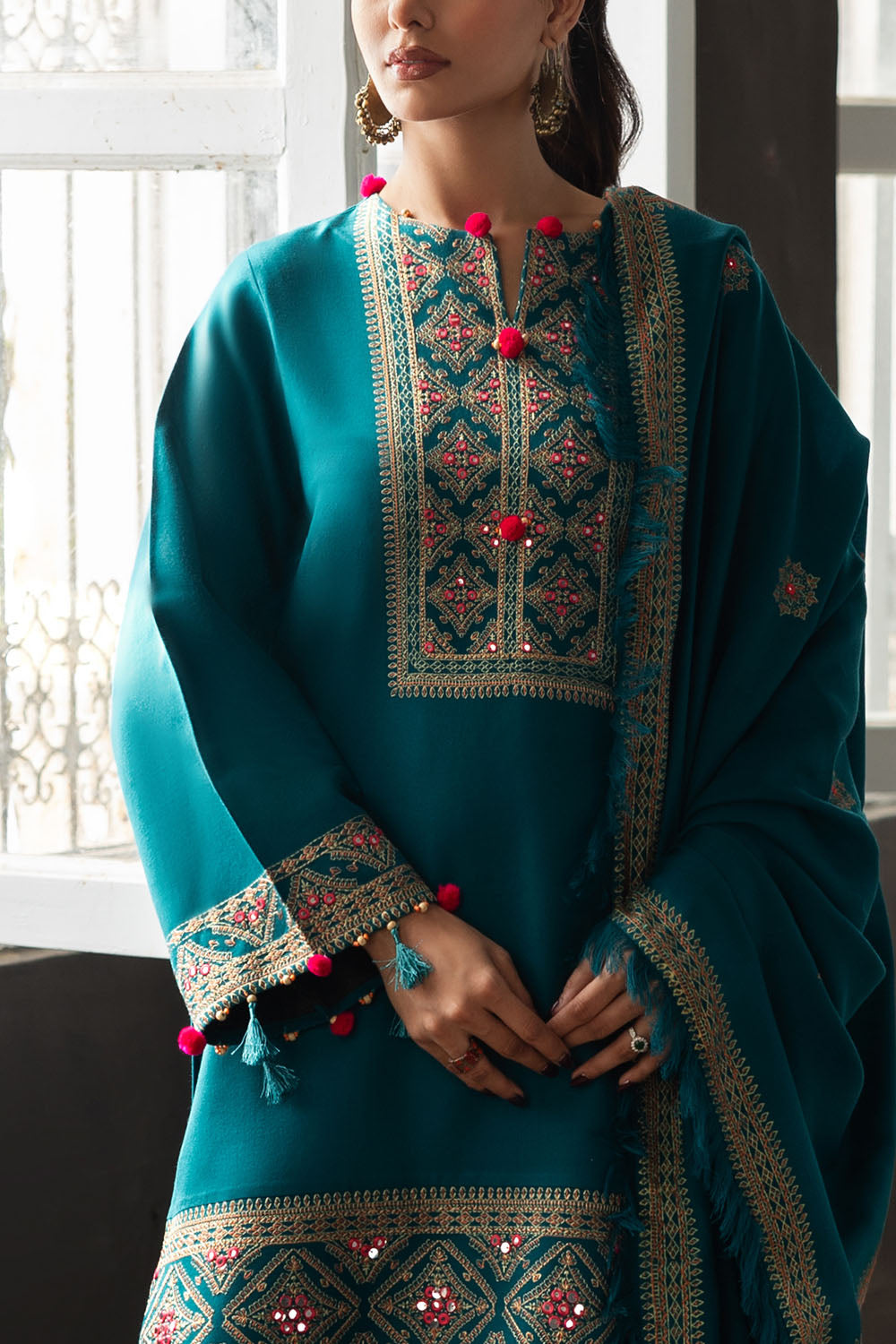 3 Piece Embroidered Pashmina Suit with Shawl AP-52021