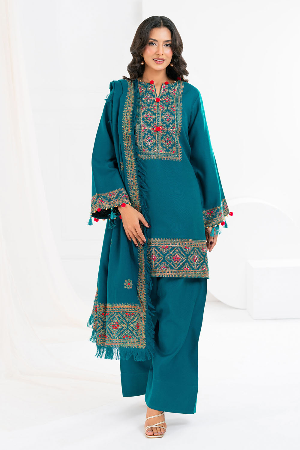 3 Piece Embroidered Pashmina Suit with Shawl
