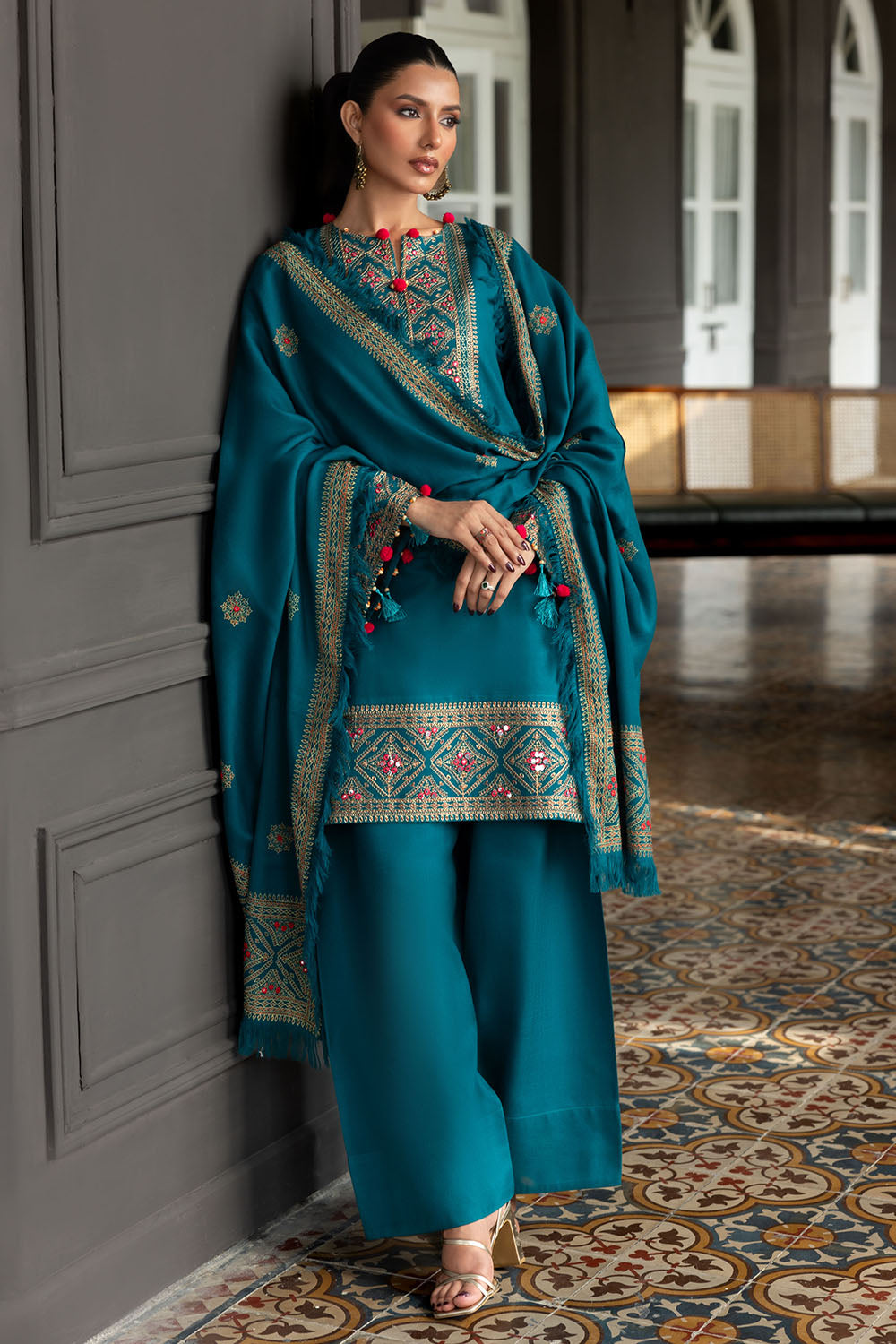 3 Piece Embroidered Pashmina Suit with Shawl