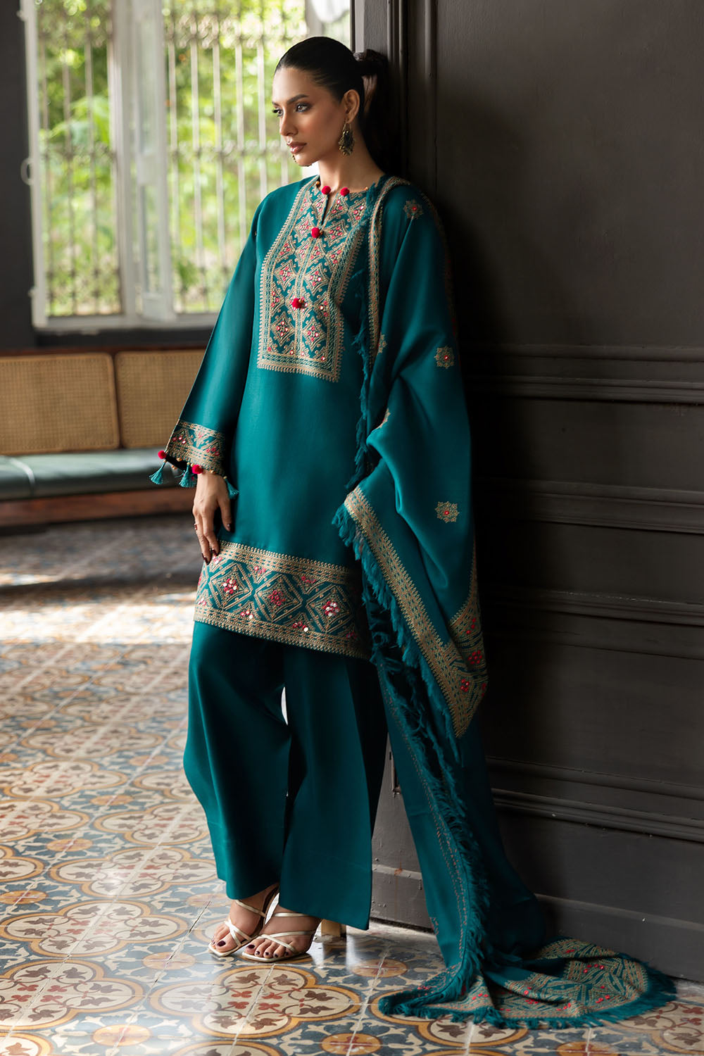 3 Piece Embroidered Pashmina Suit with Shawl AP-52021