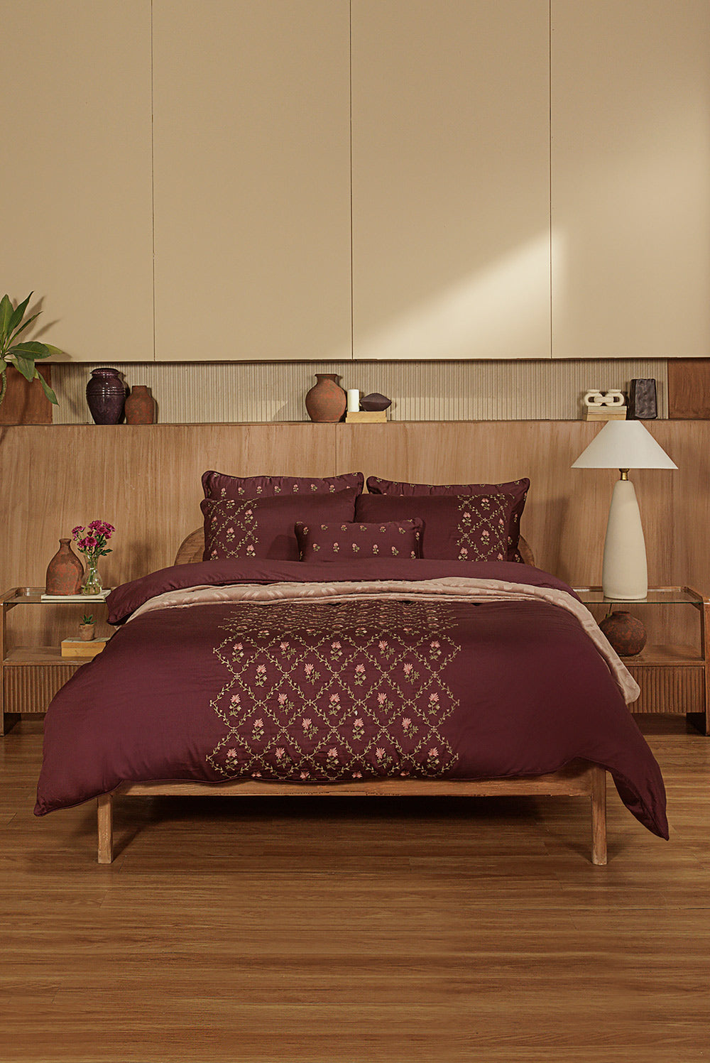 Plum Charm Embroidered Quilt Cover Set