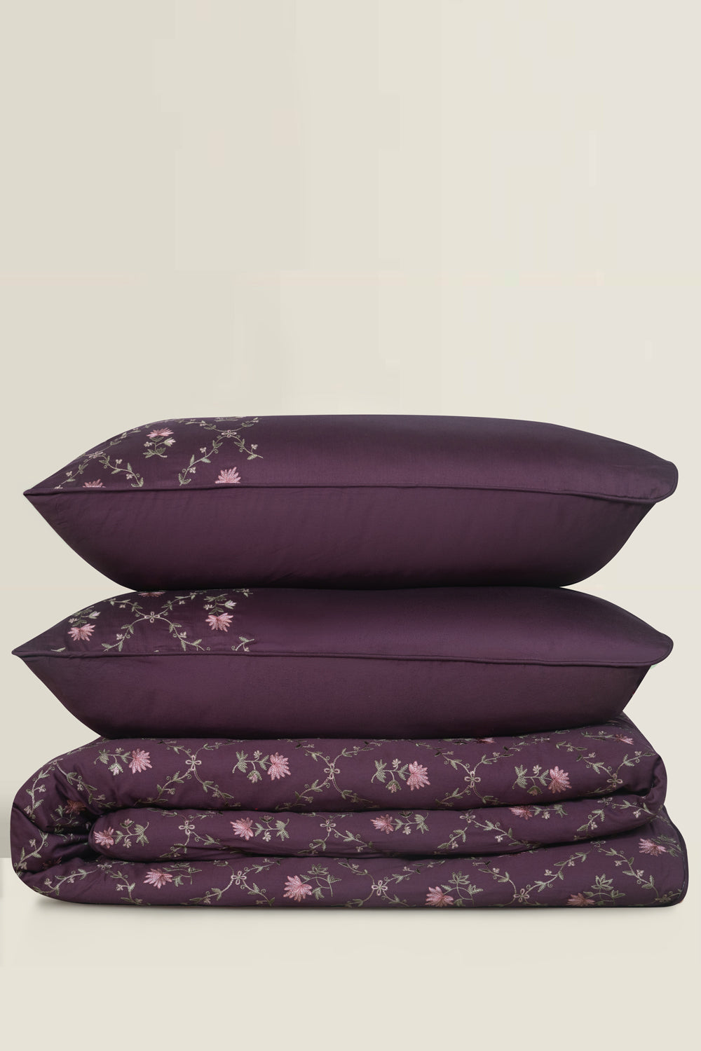 Plum Charm Embroidered Quilt Cover Set