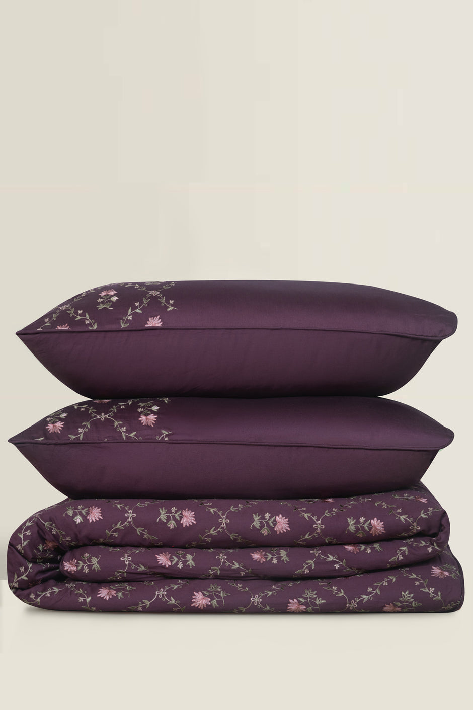 Plum Charm Embroidered Quilt Cover Set