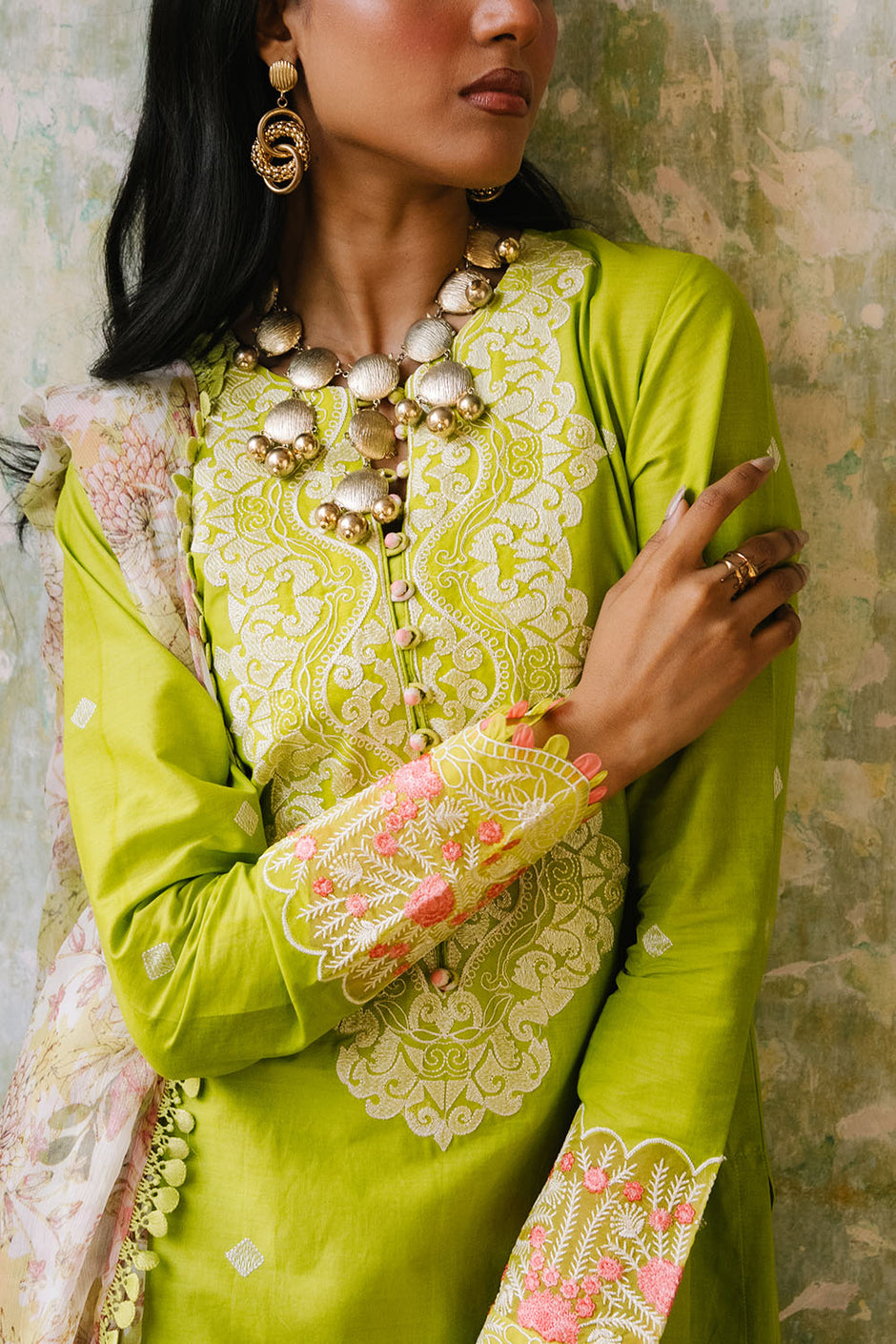 3 Piece Embroidered Lawn Suit with Organza Neckline, Borders and Printed Chiffon Dupatta