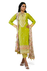 3 Piece Embroidered Lawn Suit with Organza Neckline, Borders and Printed Chiffon Dupatta