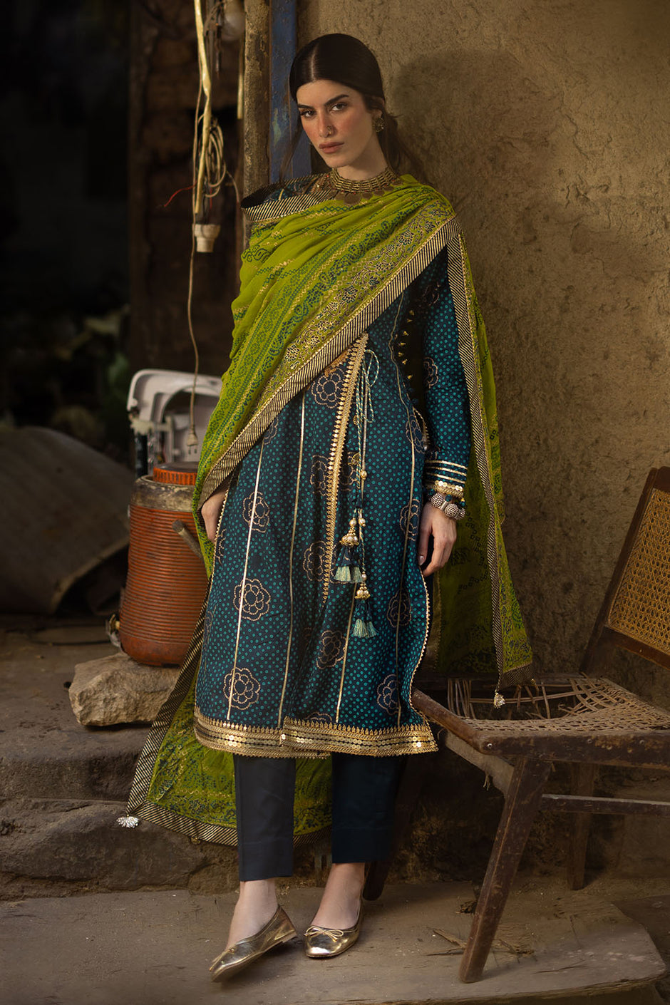 3 Piece Gold and Lacquer Printed Lawn Suit with Gold and Lacquer Printed Chiffon Dupatta and Dyed Trouser