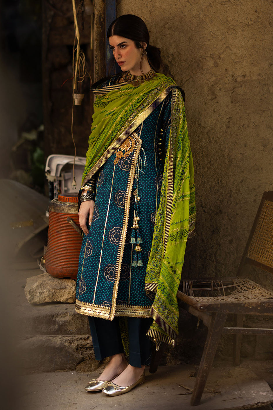3 Piece Gold and Lacquer Printed Lawn Suit with Gold and Lacquer Printed Chiffon Dupatta and Dyed Trouser