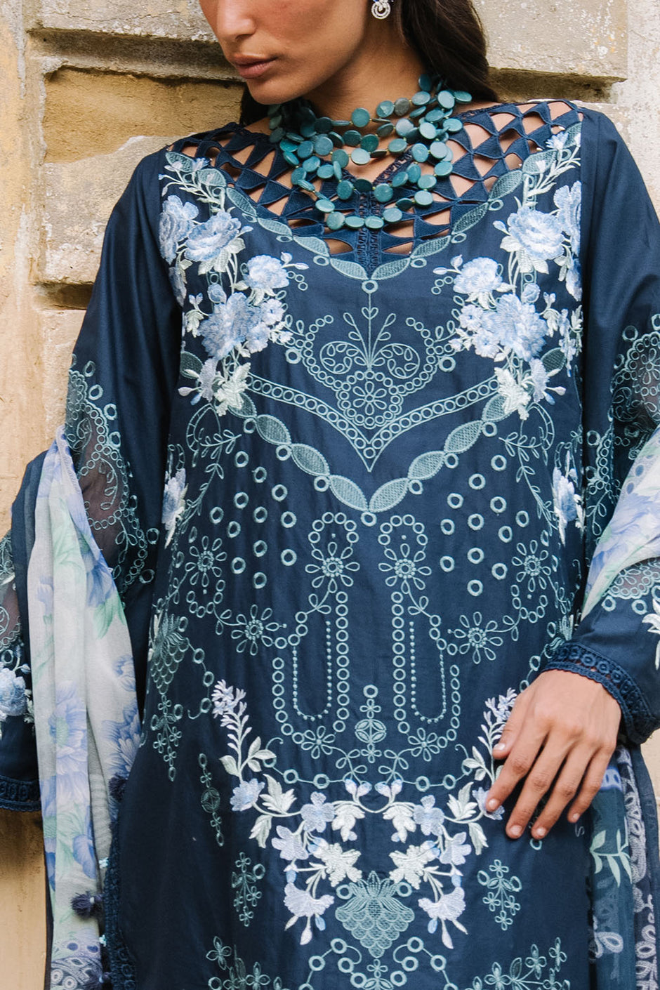 3 Piece Embroidered Lawn Suit with Lace and Printed Chiffon Dupatta