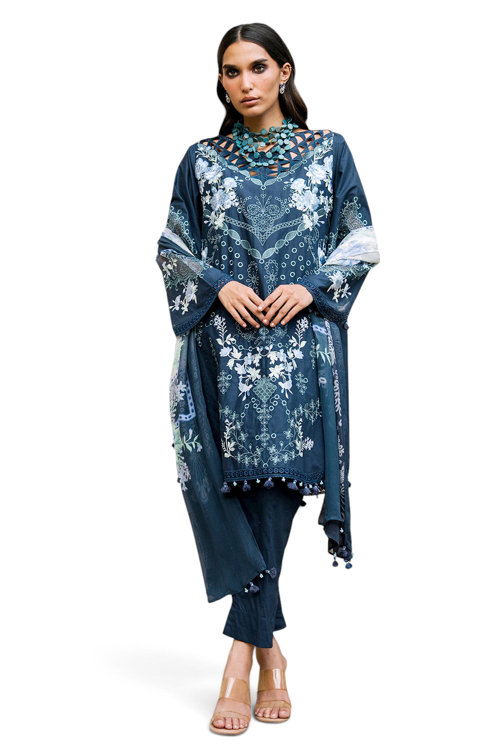 3 Piece Embroidered Lawn Suit with Lace and Printed Chiffon Dupatta