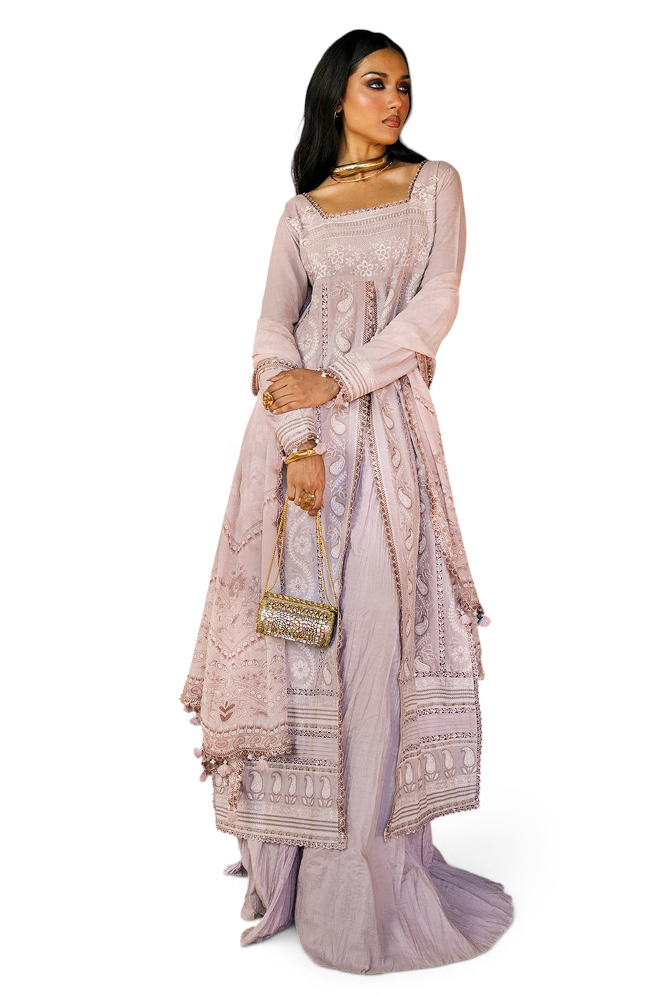 3 Piece Embroidered Lawn Suit with Borders and Printed Chiffon Dupatta