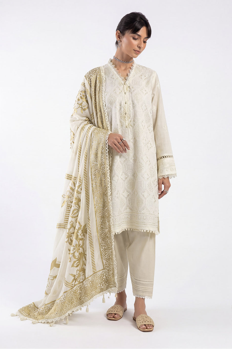 3 Piece Embroidered Lawn Suit and Gold Printed Chiffon Dupatta