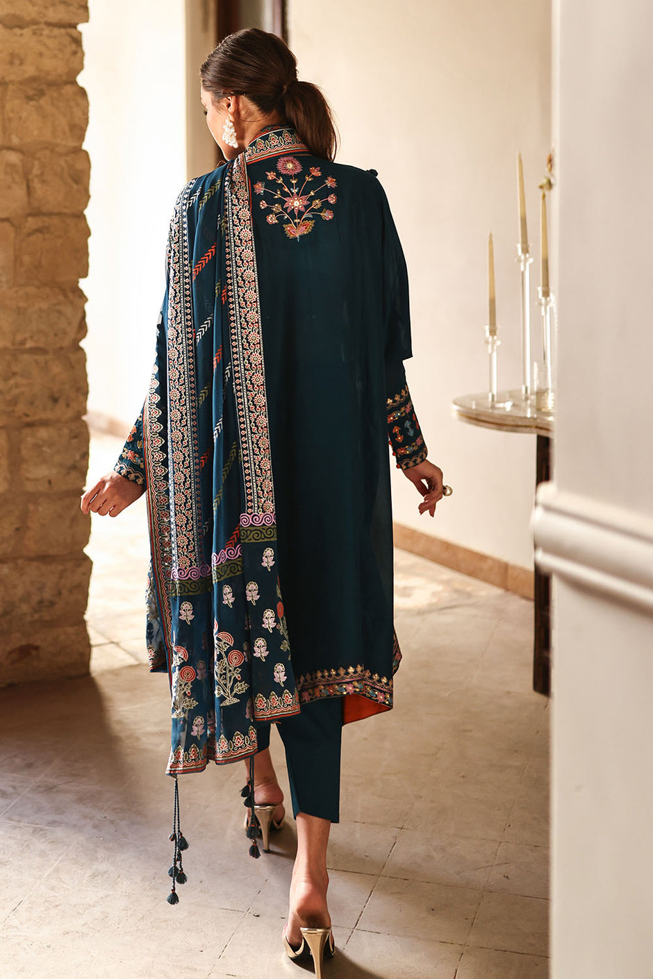 3 Piece Embroidered Lawn Suit with Borders and Lacquer Printed Chiffon Dupatta