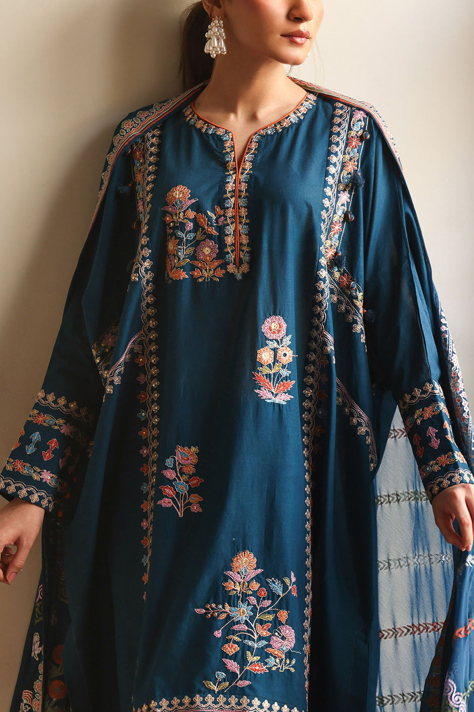 3 Piece Embroidered Lawn Suit with Borders and Lacquer Printed Chiffon Dupatta