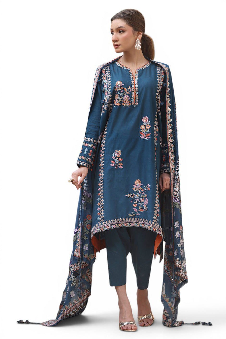 3 Piece Embroidered Lawn Suit with Borders and Lacquer Printed Chiffon Dupatta