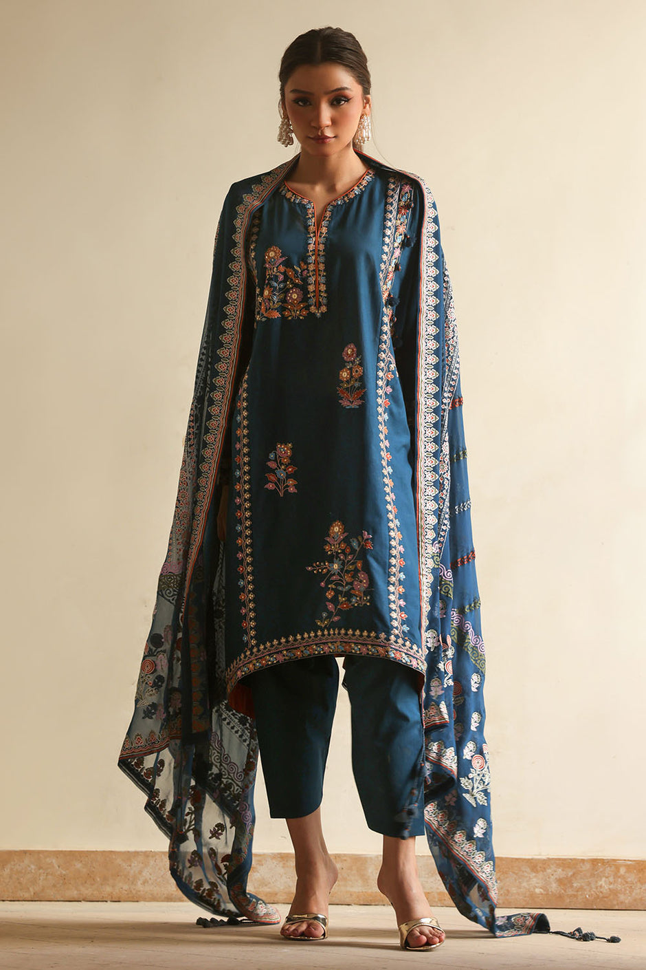 3 Piece Embroidered Lawn Suit with Borders and Lacquer Printed Chiffon Dupatta