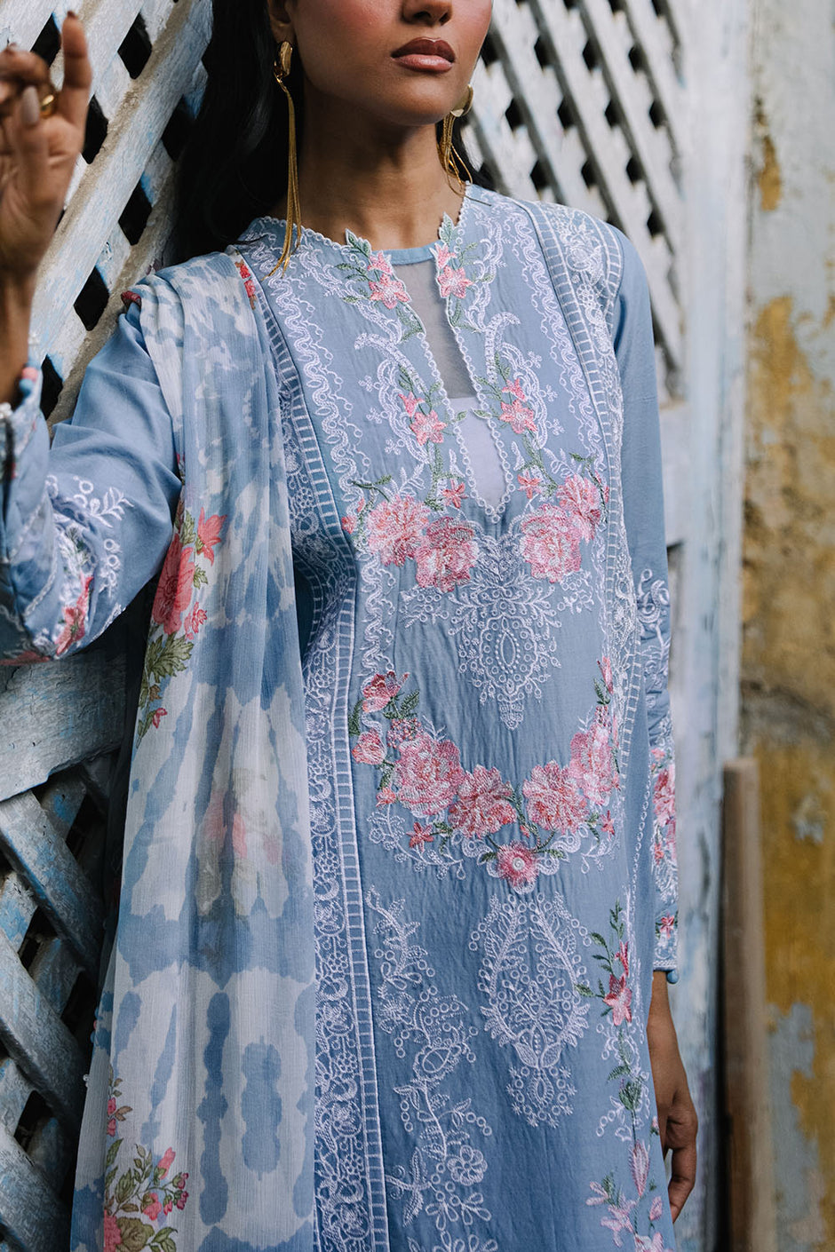 3 Piece Embroidered Lawn Suit with Borders and Printed Chiffon Dupatta