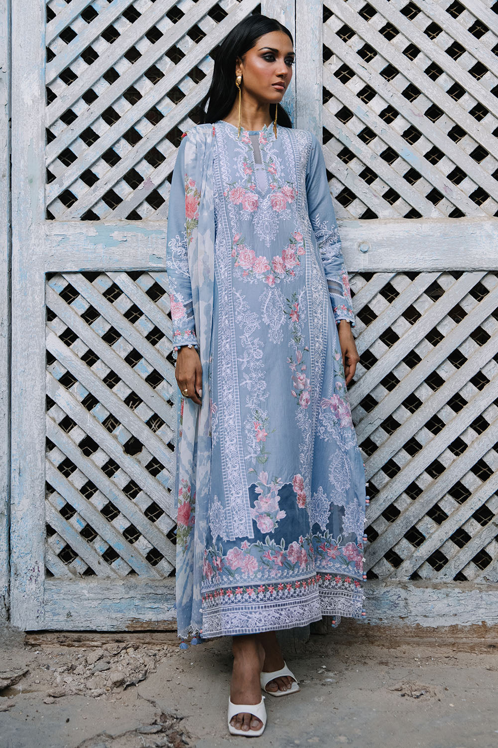 3 Piece Embroidered Lawn Suit with Borders and Printed Chiffon Dupatta