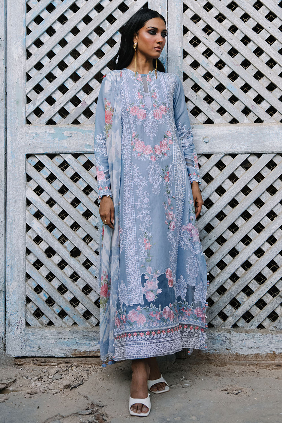 3 Piece Embroidered Lawn Suit with Borders and Printed Chiffon Dupatta
