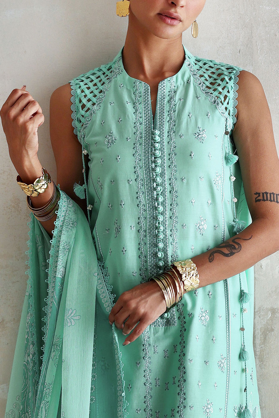 3 Piece Embroidered Lawn Suit with Printed Chiffon Dupatta and Embroidered Borders