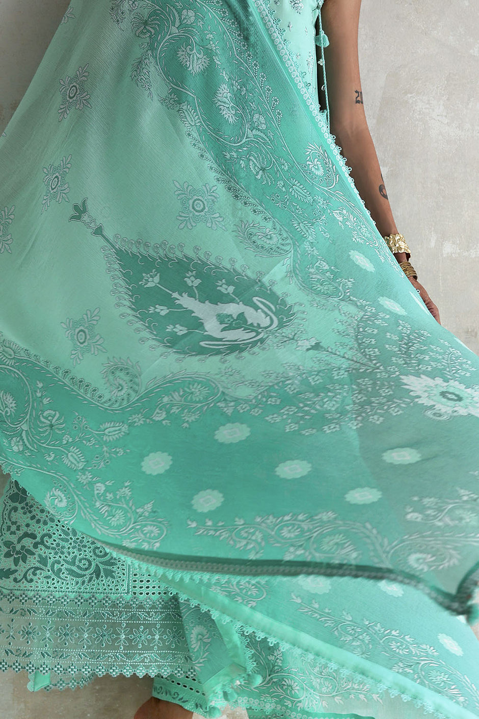 3 Piece Embroidered Lawn Suit with Printed Chiffon Dupatta and Embroidered Borders