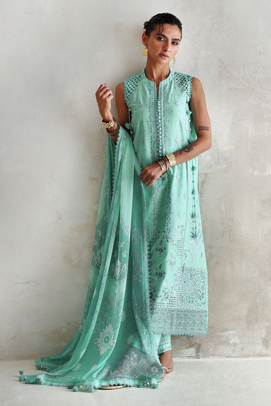 3 Piece Embroidered Lawn Suit with Printed Chiffon Dupatta and Embroidered Borders