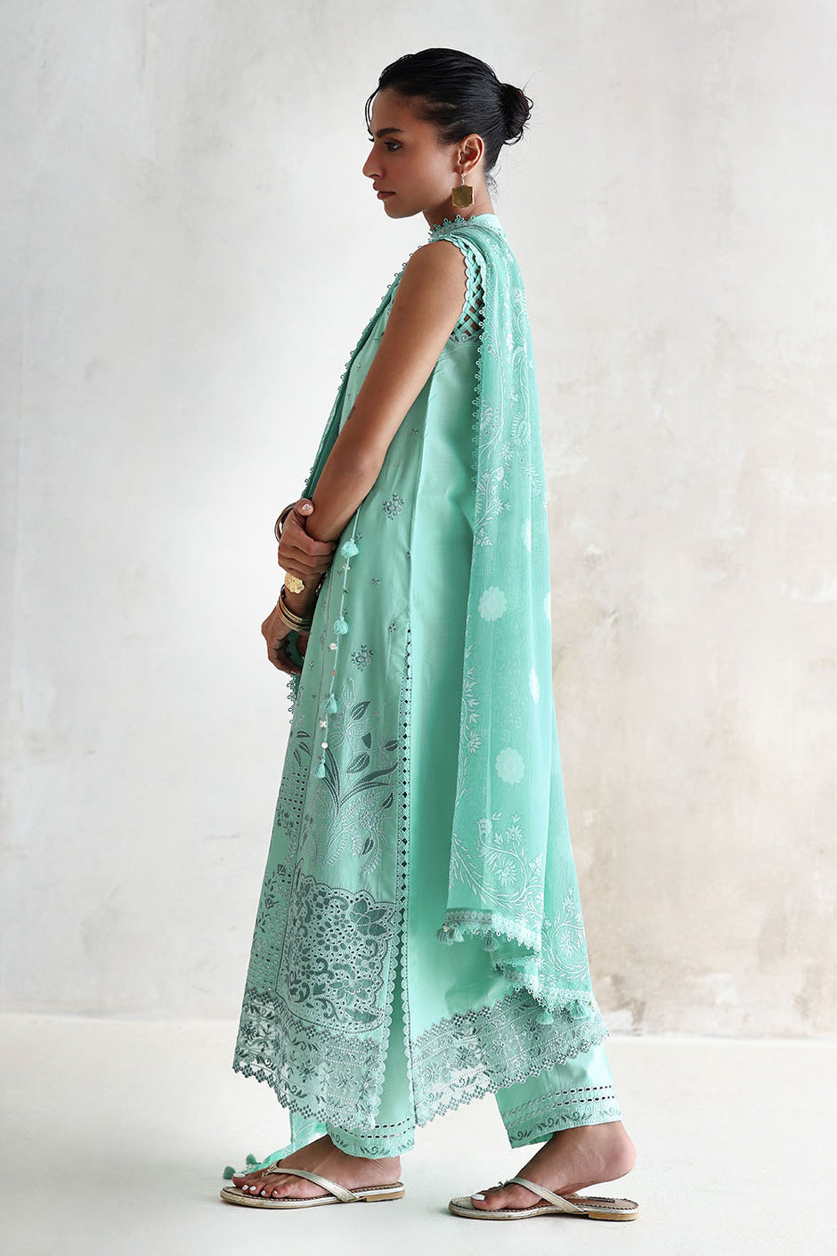 3 Piece Embroidered Lawn Suit with Printed Chiffon Dupatta and Embroidered Borders