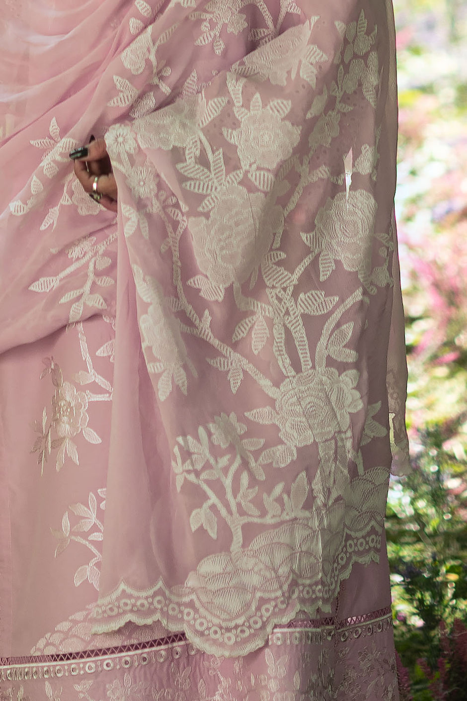 3 Piece Embroidered Lawn Suit with Embroidered Borders and Trouser and Lacquer Printed Chiffon Dupatta