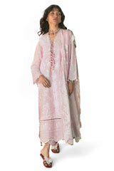 3 Piece Embroidered Lawn Suit with Embroidered Borders and Trouser and Lacquer Printed Chiffon Dupatta