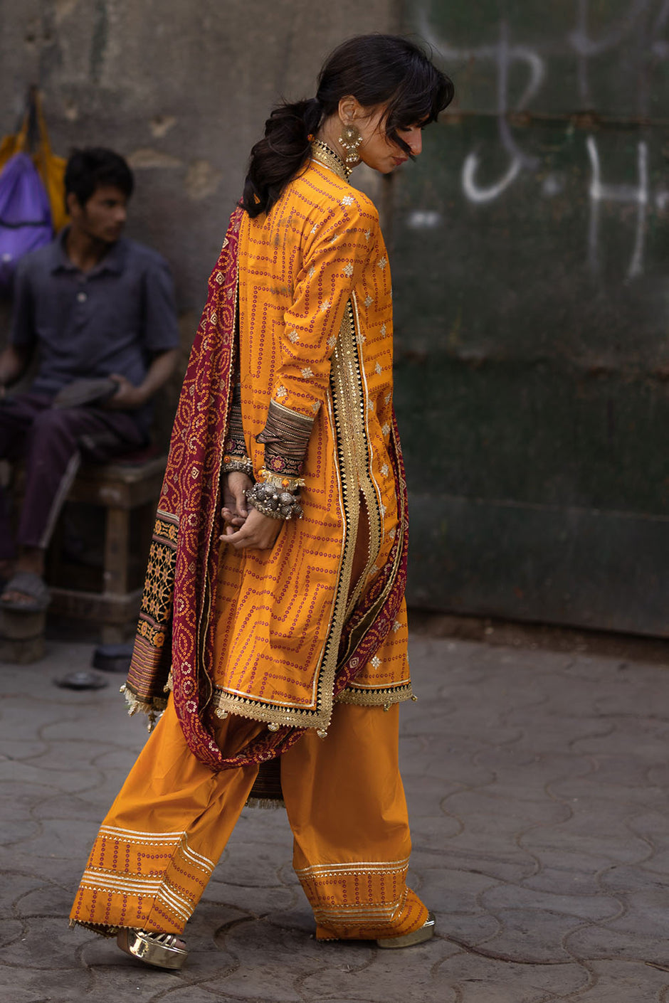 3 Piece Embroidered Gold and Lacquer Printed Lawn Suit with Gold and Lacquer Printed Chiffon Dupatta and Dyed Trouser