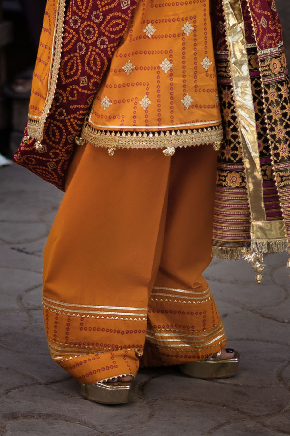 3 Piece Embroidered Gold and Lacquer Printed Lawn Suit with Gold and Lacquer Printed Chiffon Dupatta and Dyed Trouser