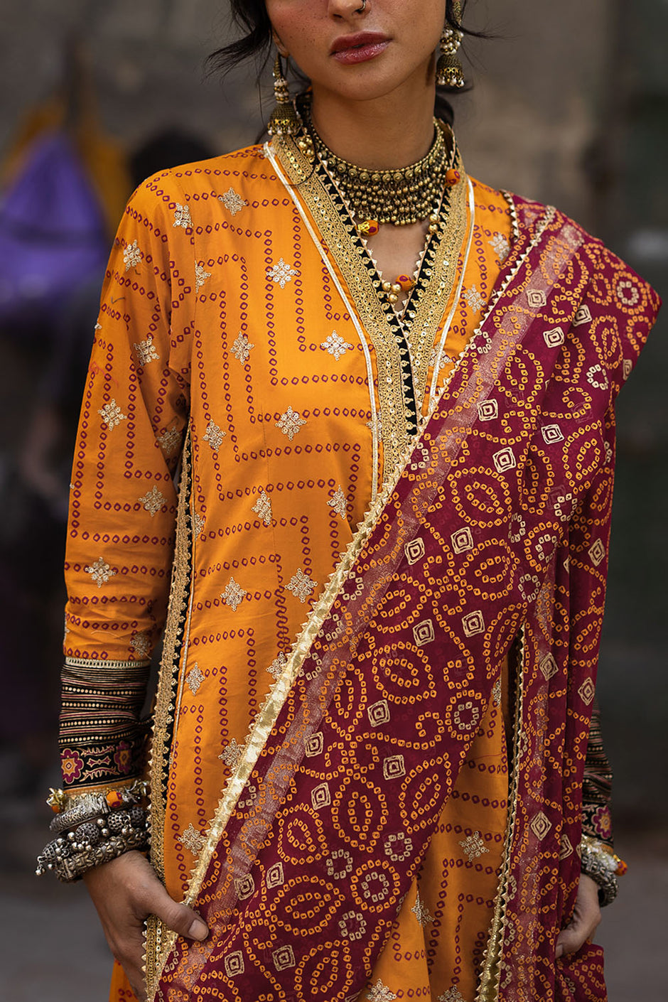 3 Piece Embroidered Gold and Lacquer Printed Lawn Suit with Gold and Lacquer Printed Chiffon Dupatta and Dyed Trouser