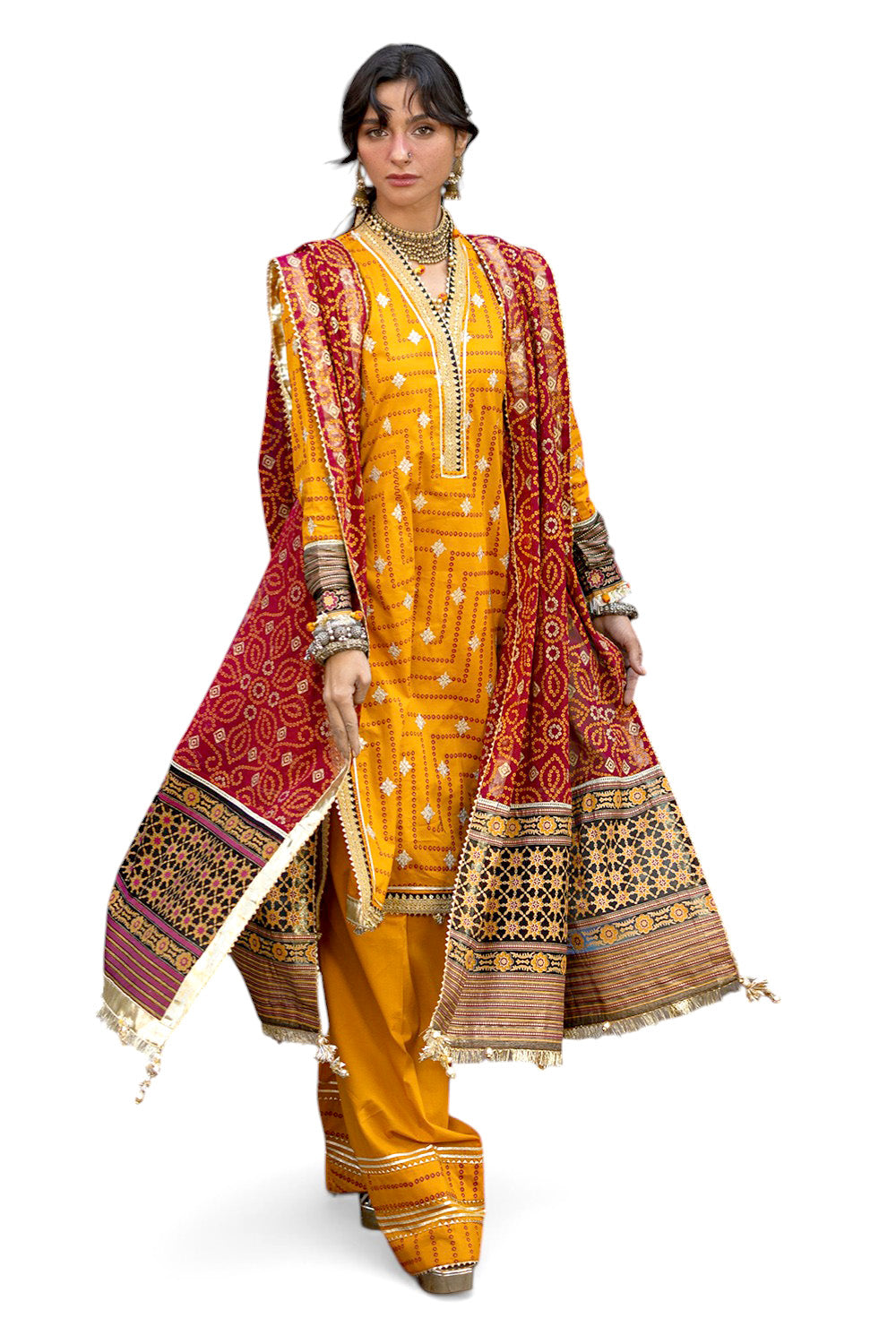 3 Piece Embroidered Gold and Lacquer Printed Lawn Suit with Gold and Lacquer Printed Chiffon Dupatta and Dyed Trouser