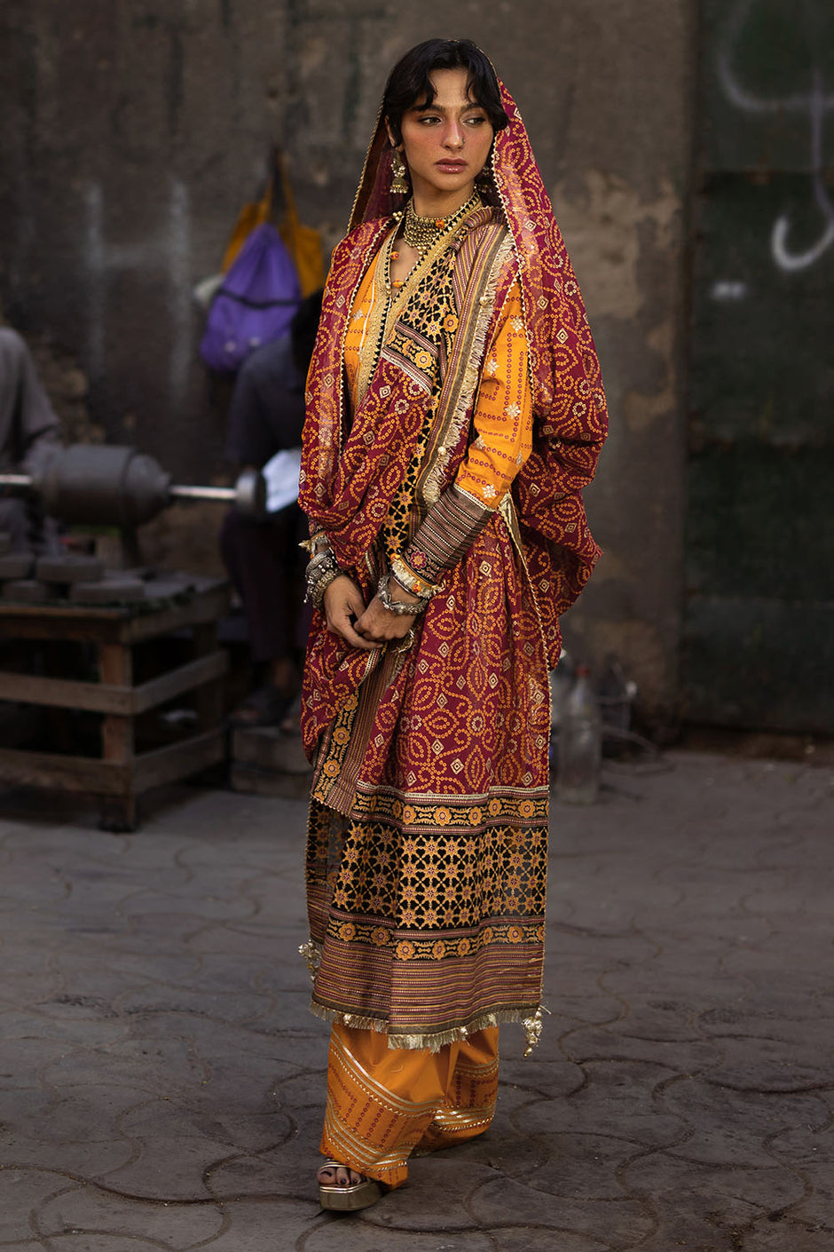 3 Piece Embroidered Gold and Lacquer Printed Lawn Suit with Gold and Lacquer Printed Chiffon Dupatta and Dyed Trouser