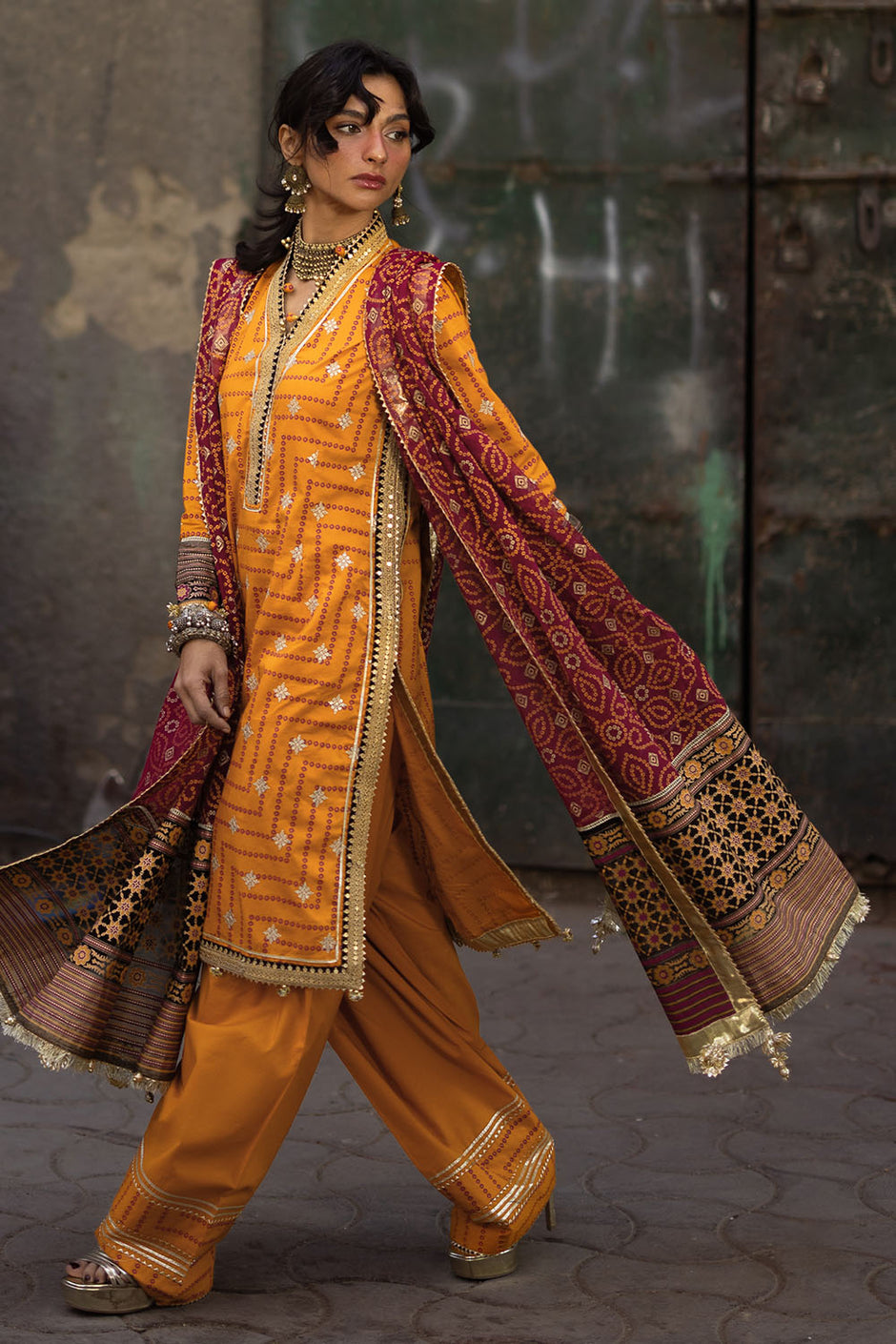 3 Piece Embroidered Gold and Lacquer Printed Lawn Suit with Gold and Lacquer Printed Chiffon Dupatta and Dyed Trouser