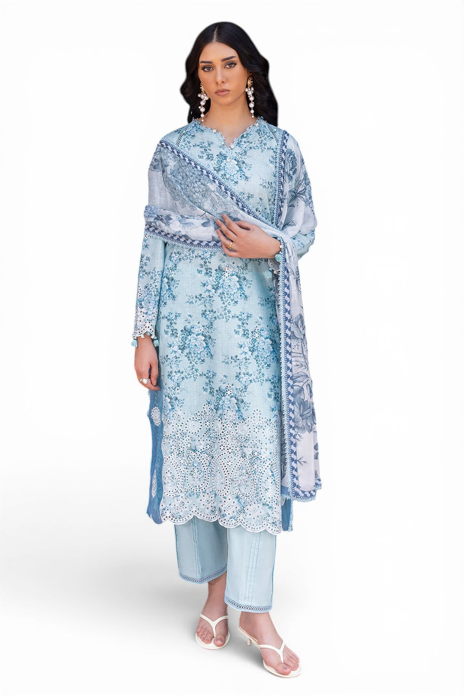 3 Piece Embroidered Printed Lawn Suit with Printed Chiffon Dupatta