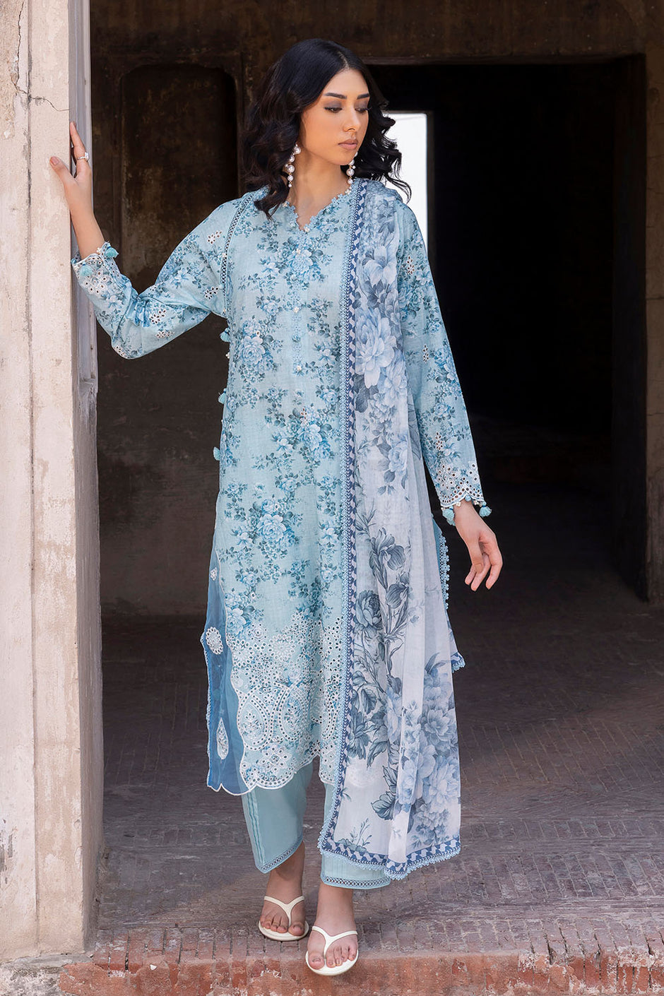 3 Piece Embroidered Printed Lawn Suit with Printed Chiffon Dupatta