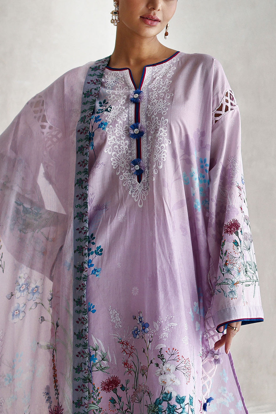 3 Piece Embroidered Printed Lawn Suit with Printed Chiffon Dupatta and Embroidered Sleeve Border
