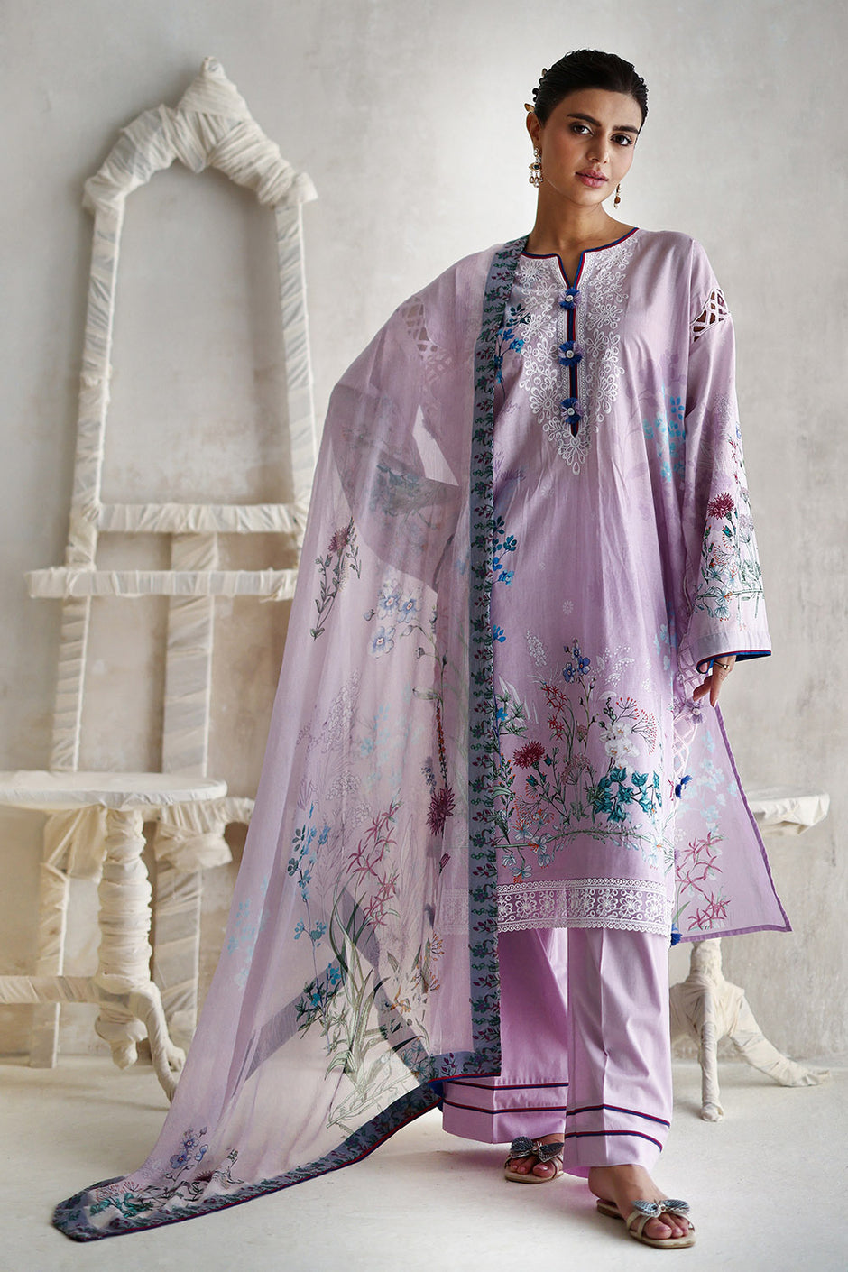 3 Piece Embroidered Printed Lawn Suit with Printed Chiffon Dupatta and Embroidered Sleeve Border