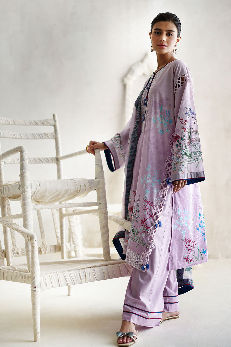 3 Piece Embroidered Printed Lawn Suit with Printed Chiffon Dupatta and Embroidered Sleeve Border