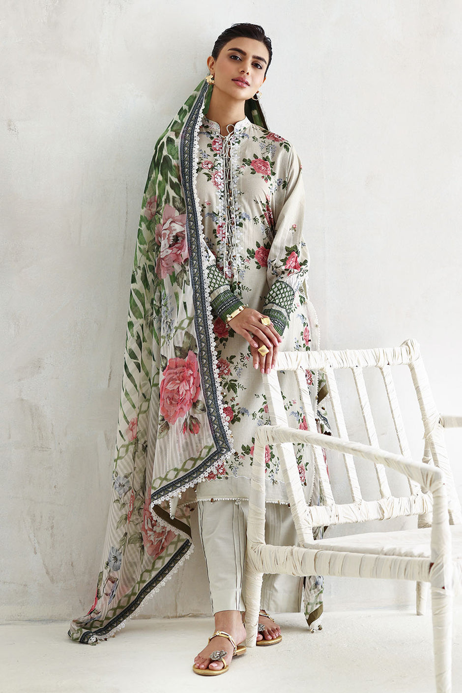 3 Piece Embroidered Printed Lawn Suit with Printed Chiffon Dupatta