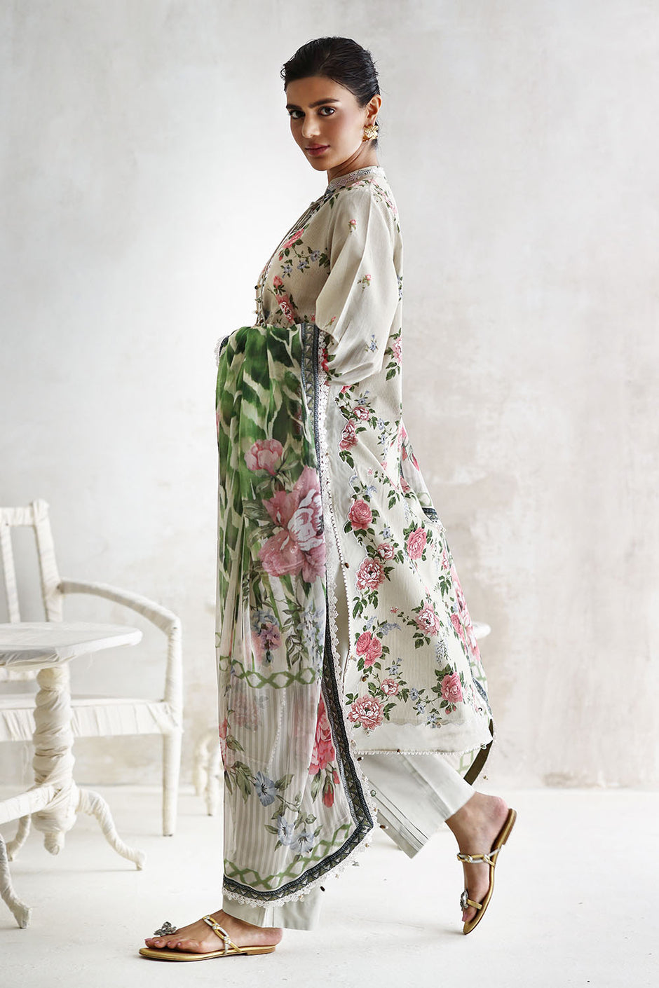 3 Piece Embroidered Printed Lawn Suit with Printed Chiffon Dupatta